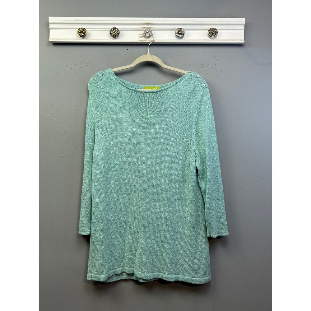 Sigrid Olsen Sweater Womens 1X Green Boat Neck Button Shoulder Tunic Knit Top‎
